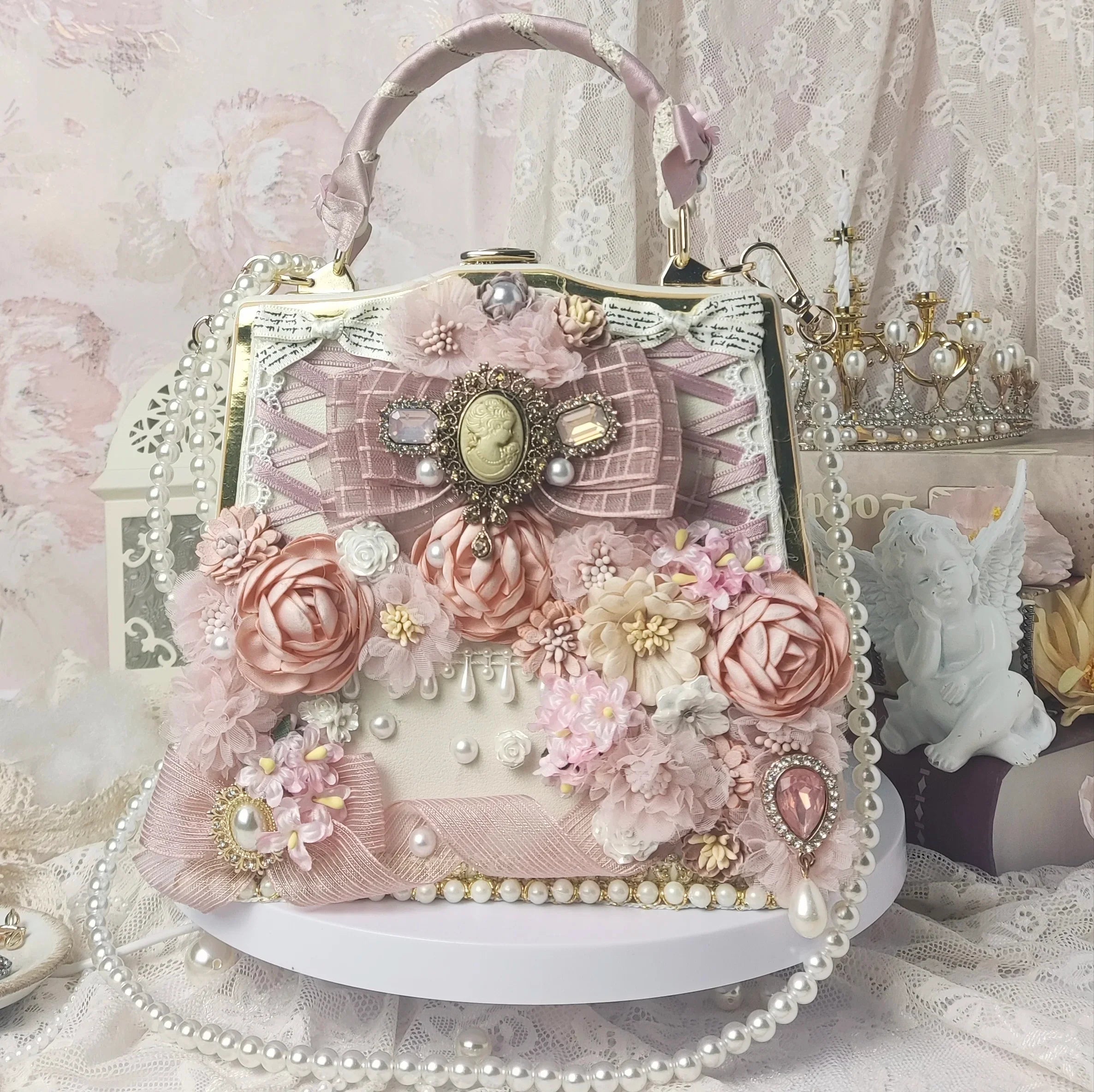 Femlion Pink Lace Ribbon Shoulder Bag with Flowers and Bowtie Embellishments