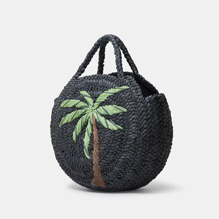 Femlion Coconut Tree Pattern Straw Handbag: Handmade Round Woven Beach Tote & Large Purse