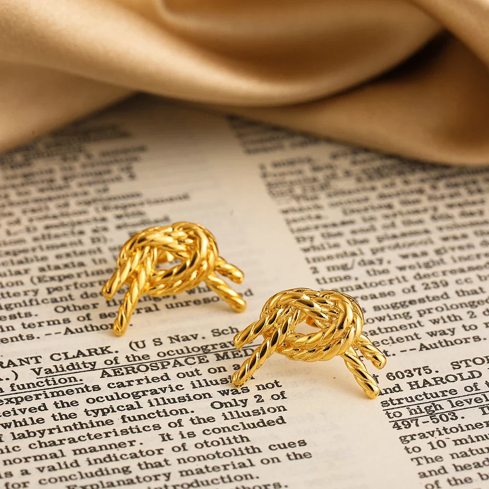 Femlion Gold Twisted Knot Earrings - Double Rope Bowknot Studs