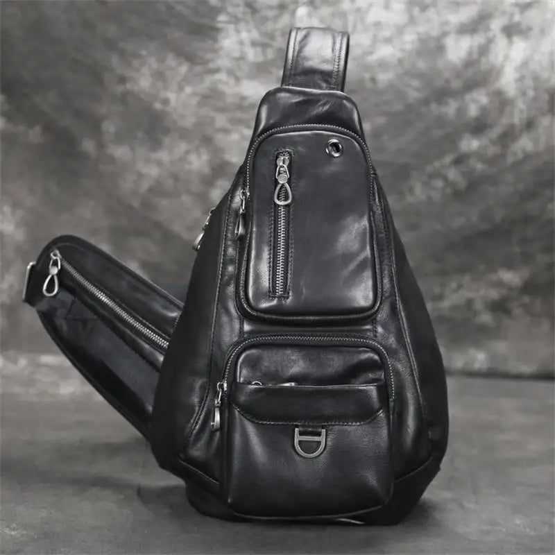 Femlion Leather Chest Pack Shoulder Bag Men Black Sports Riding Backpack