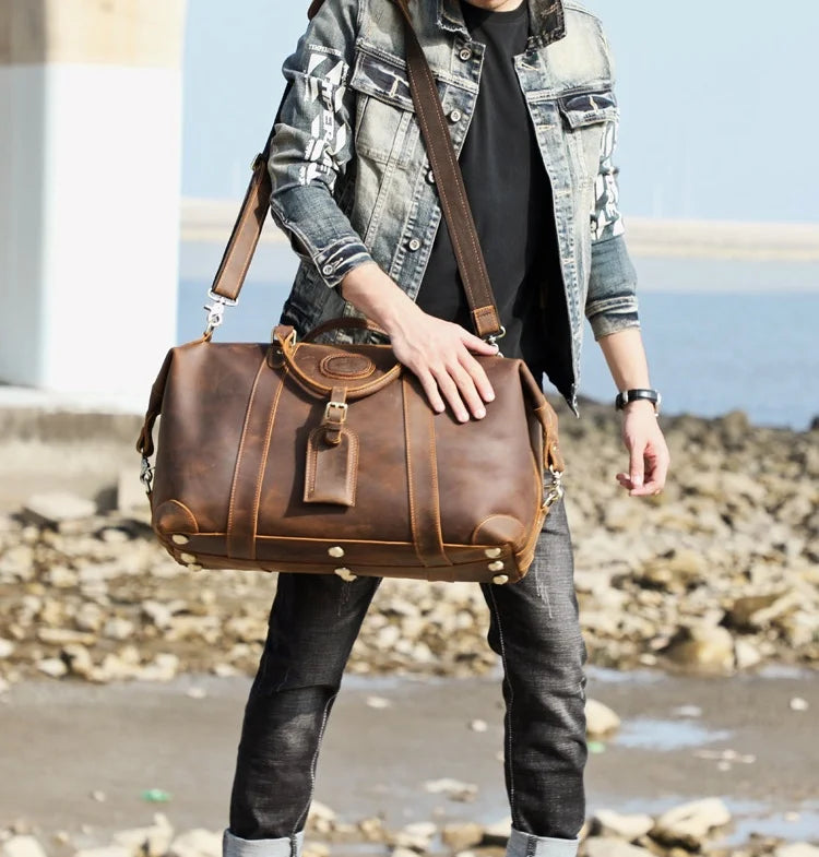 Femlion Vintage Leather Duffle Bag | Large Capacity Men's Weekender Totes