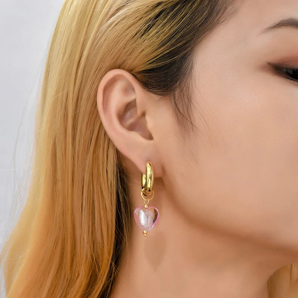 Femlion Heart Drop Earrings & Circle Huggie Hoops in Transparent Coloured Glaze