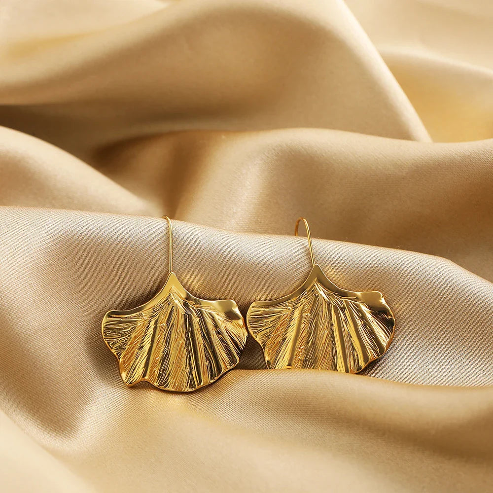 Femlion Apricot Leaf Drop Earrings - Exaggerated Gold Statement Jewelry