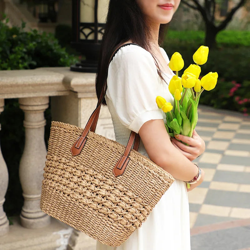 Femlion Paper Rope Straw Woven Beach Bag French Style One-Shoulder Women's Bag