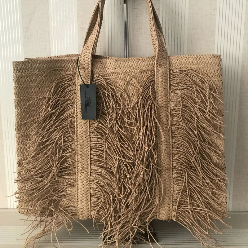 Femlion Boho Tassel Straw Shoulder Bag Women's Handbag Large Capacity Beach Tote