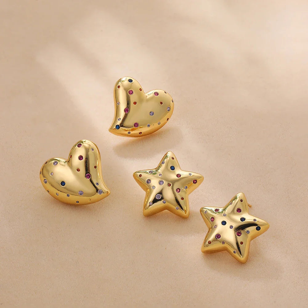 Femlion Gold Plated CZ Heart Star Earrings - Fashion Statement Jewelry