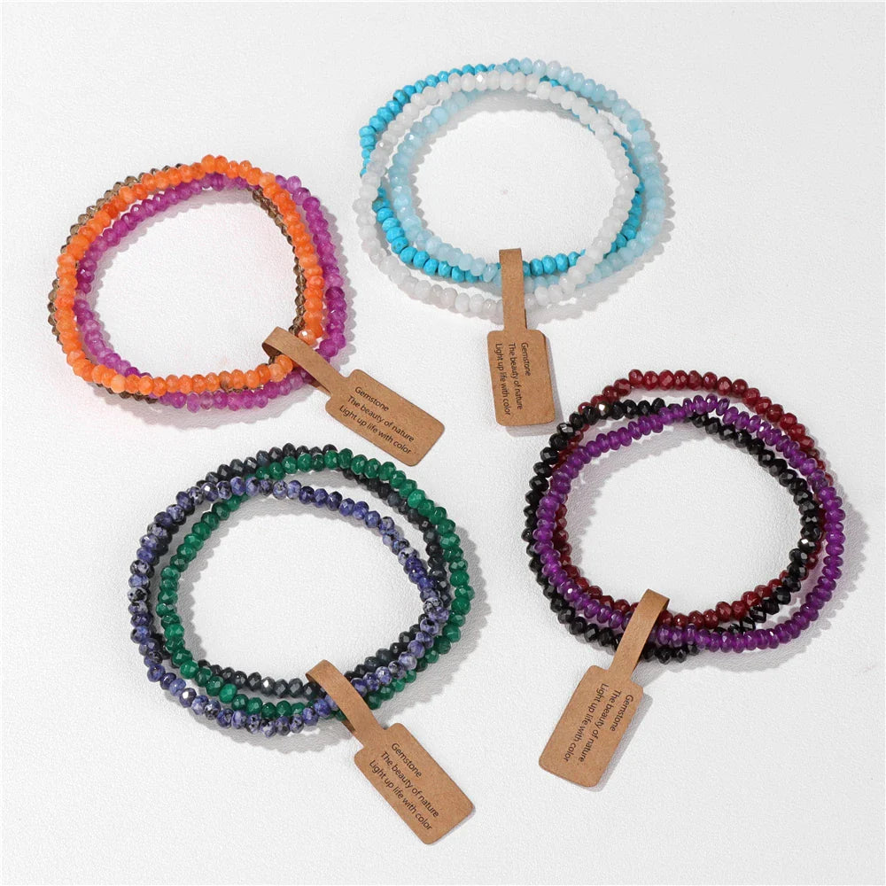 Faceted Stone Bead Bracelet Set 3PCS by Femlion - Elastic Bangle Jewelry