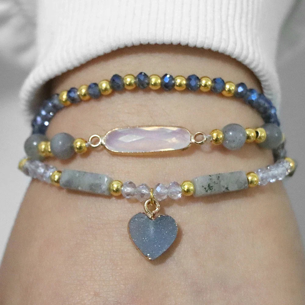 Femlion Heart Charm Crystal Beads Bracelet Set - 3Pcs Natural Stone Bangles