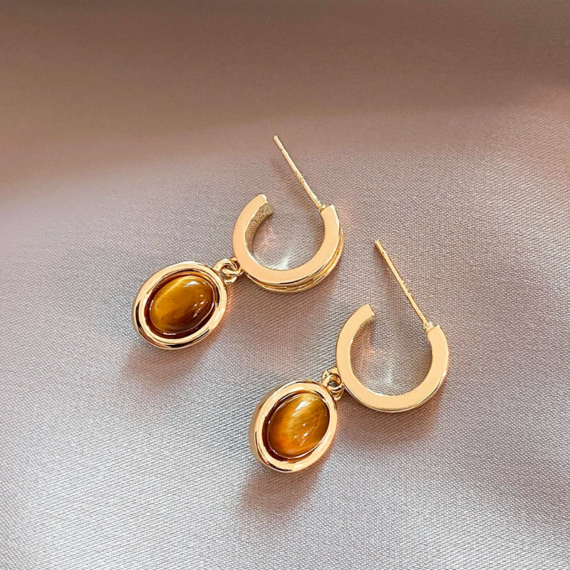 Femlion Oval Tiger Eye Stone Gold Earrings - Vintage Luxury Women's Jewelry