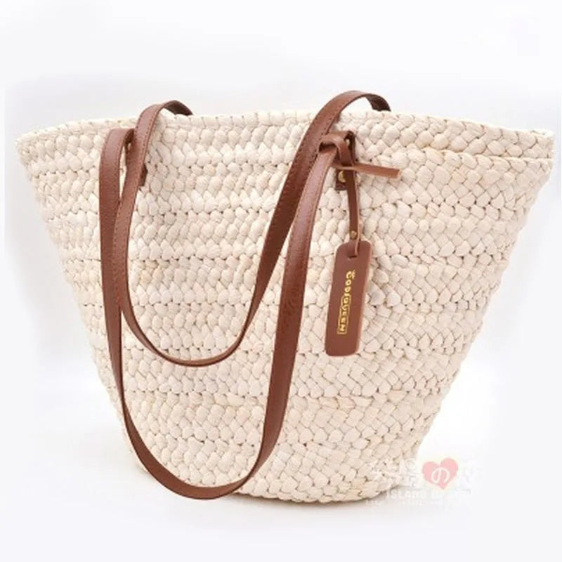 Femlion Corn Husk Weave One Shoulder Bag - Women's Braided Beach Handheld Straw Bag