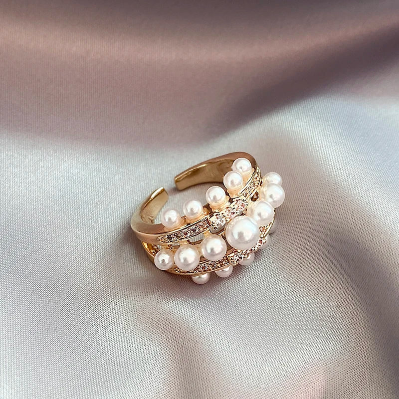 Femlion Luxury Pearl Zircon Gold Open Rings for Women