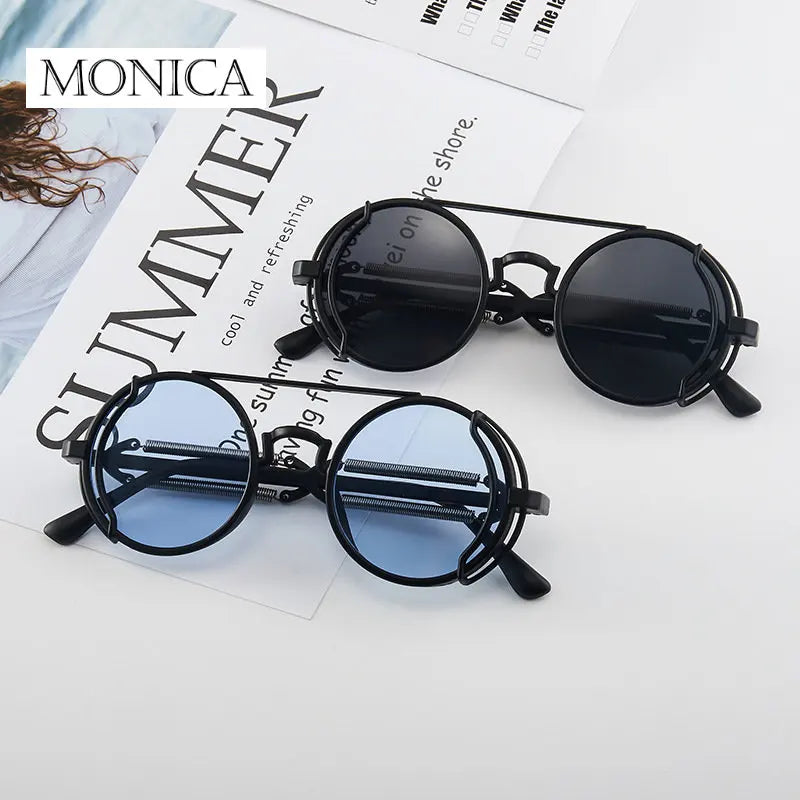 Femlion Steampunk Round Sunglasses Double Spring Temples UV400 Protection Trendy Gothic Style