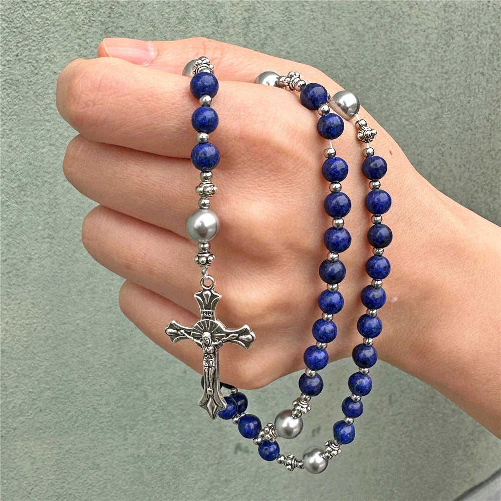 Femlion Turquoise Cross Stone Beads Prayer Bracelet Religious Protection Jewelry