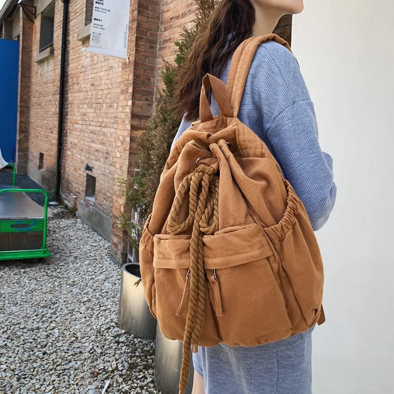 Femlion Vintage Canvas Backpack: Stylish Drawstring Rucksack for Women