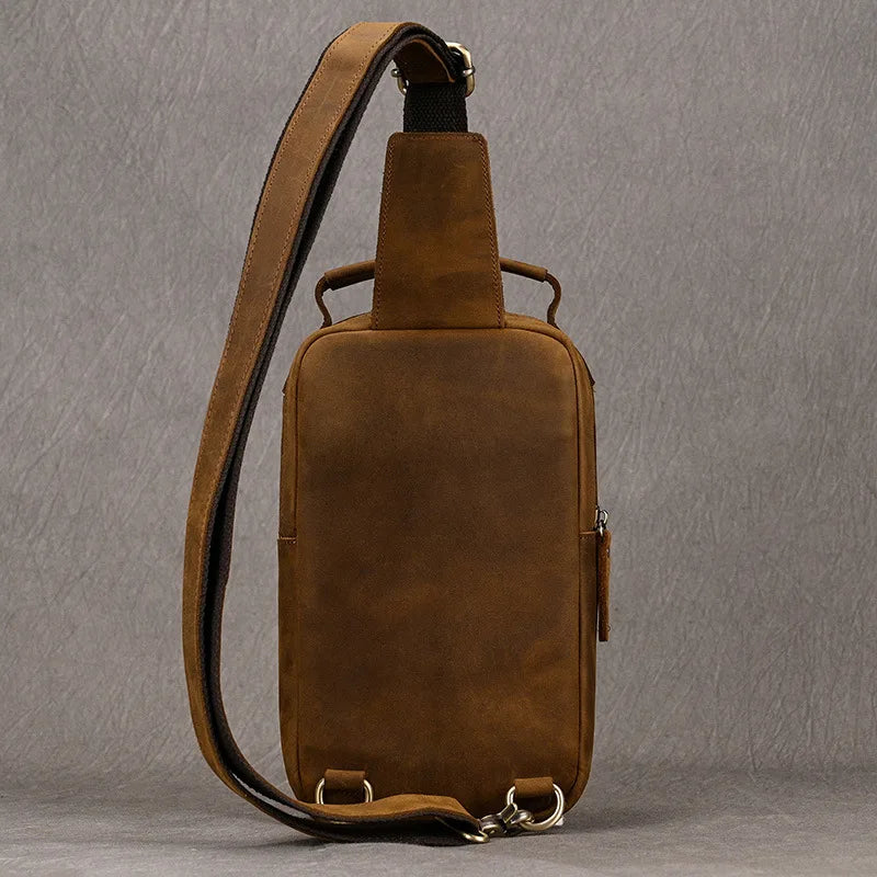 Femlion Retro Leather Chest Bag - Men's Vertical Body Bag in Crazy Horse Cowhide