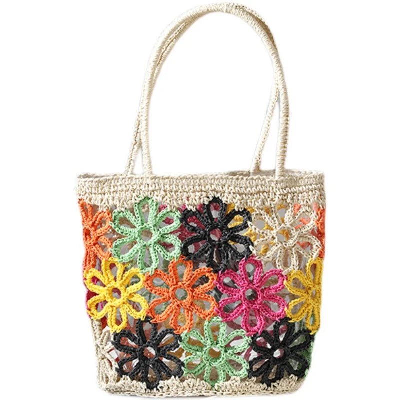 Femlion Hollow Flowers Straw Hand-Woven Beach Bag.