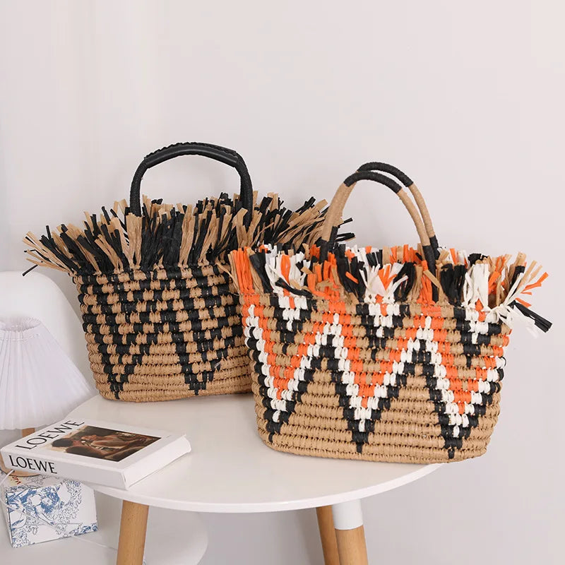 Femlion Retro Straw Bag Tassel Handbag Beach Totes Seaside Holiday Women's Hand-woven