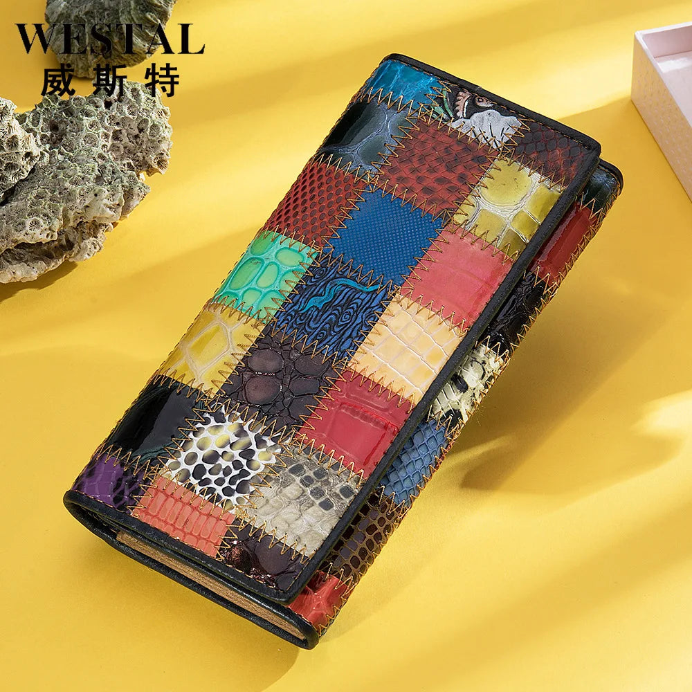 Femlion Patchwork Cowskin Long Wallet: Genuine Leather Female Clutch Purse