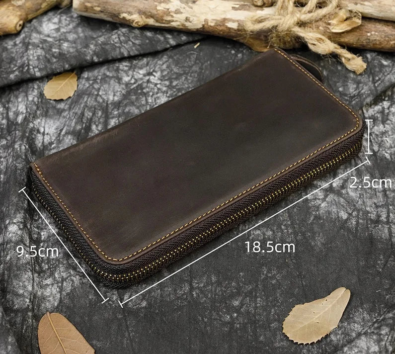 Femlion Leather Vintage Long Wallet Men Women Zipper Purse Business Casual Burse