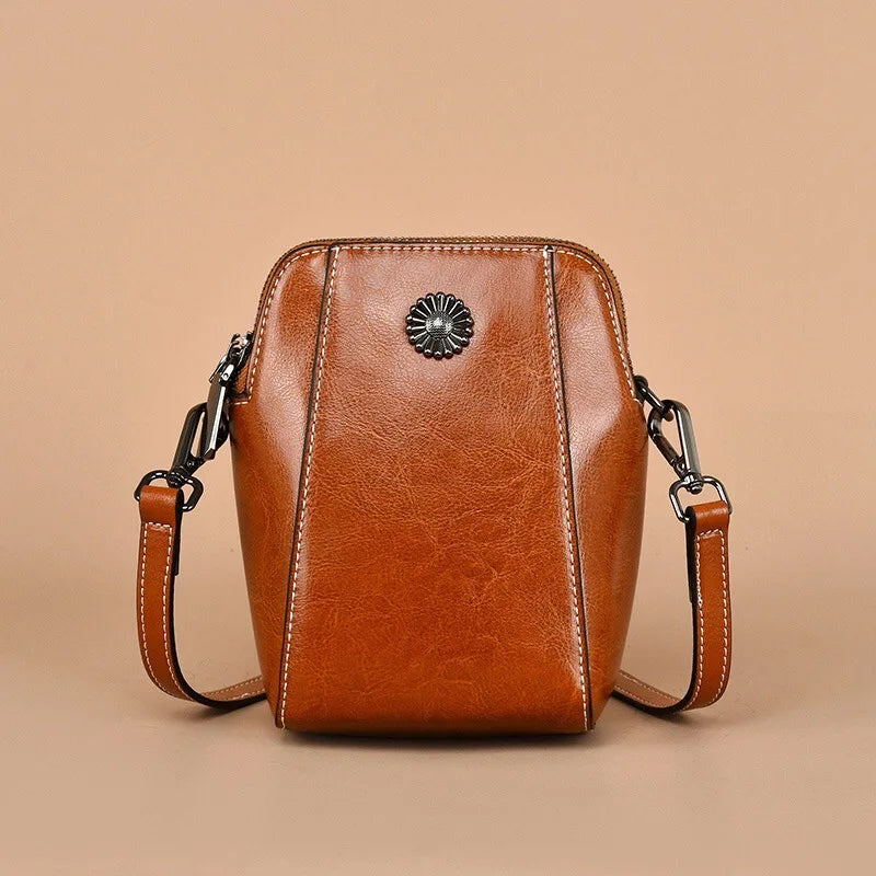 Femlion Oil Wax Leather Small Phone Bag Crossbody Purse for Women