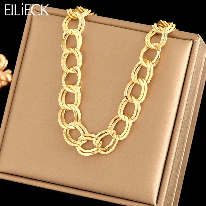 Femlion 18K Gold Plated Stainless Steel Link Chain Necklace, Trendy Waterproof Jewelry Gift.