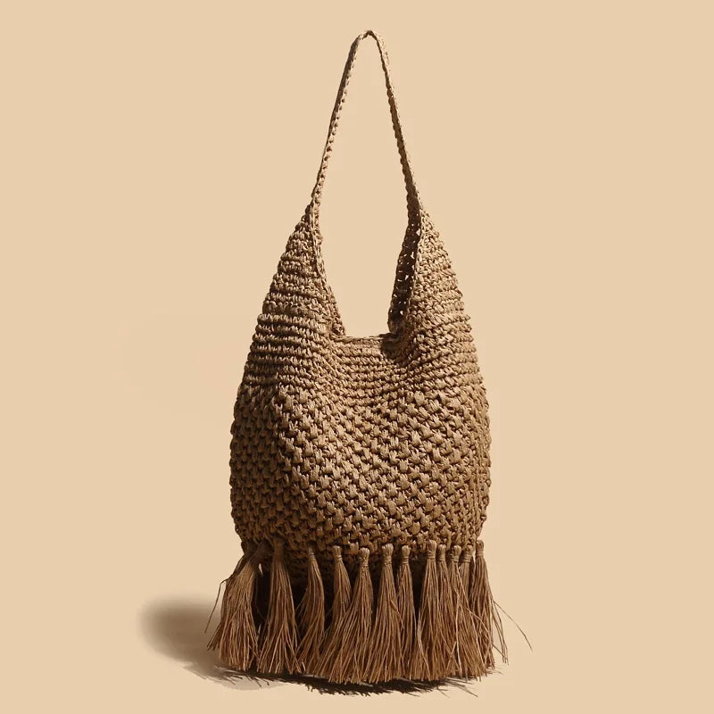 Femlion Beach Handbag Woven Rattan Straw Shoulder Bag Tassel Messenger Women