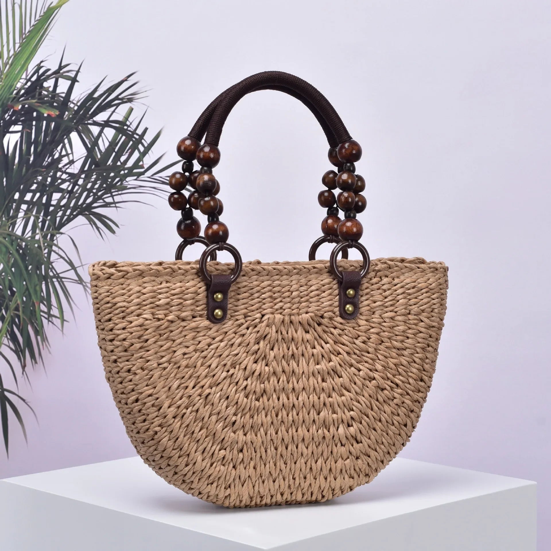 Femlion Handmade Grass Woven Wood Bead Tote Bag