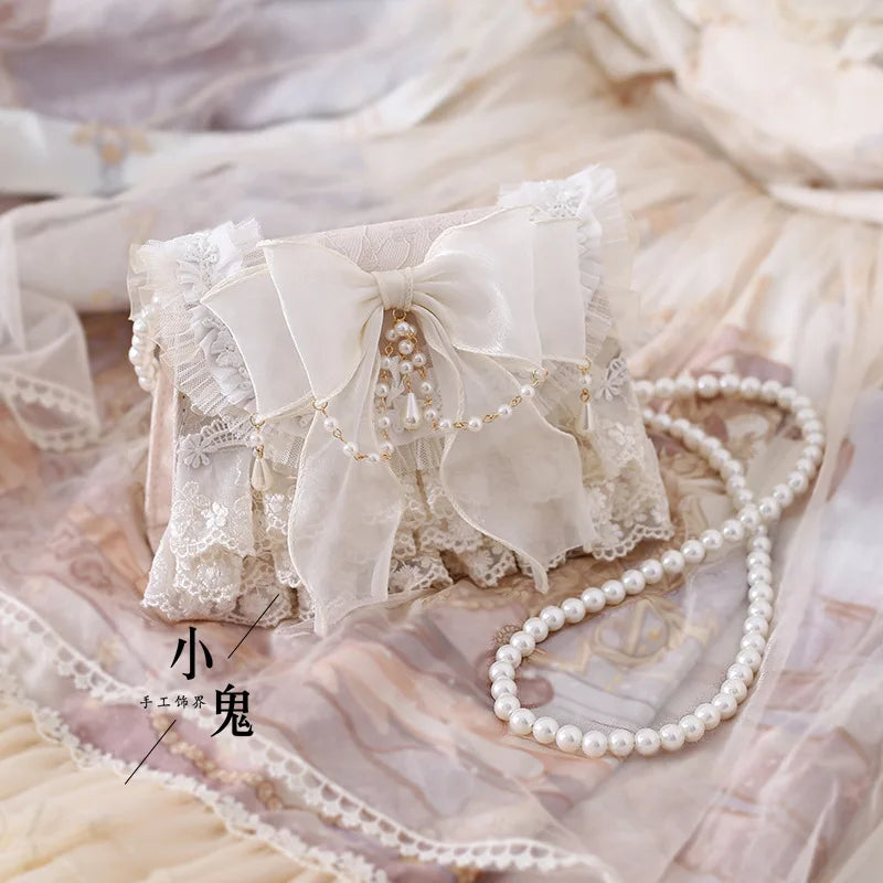 Femlion Bowtie Lace Lolita Shoulder Bag with Imitation Pearl Cross Body