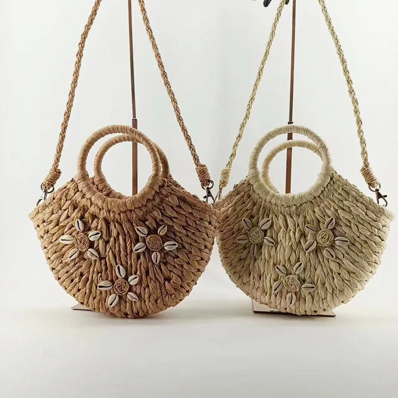 Femlion Retro One-Shoulder Straw Bag - Beach Resort Half-Round Hand-Woven Shell Bag