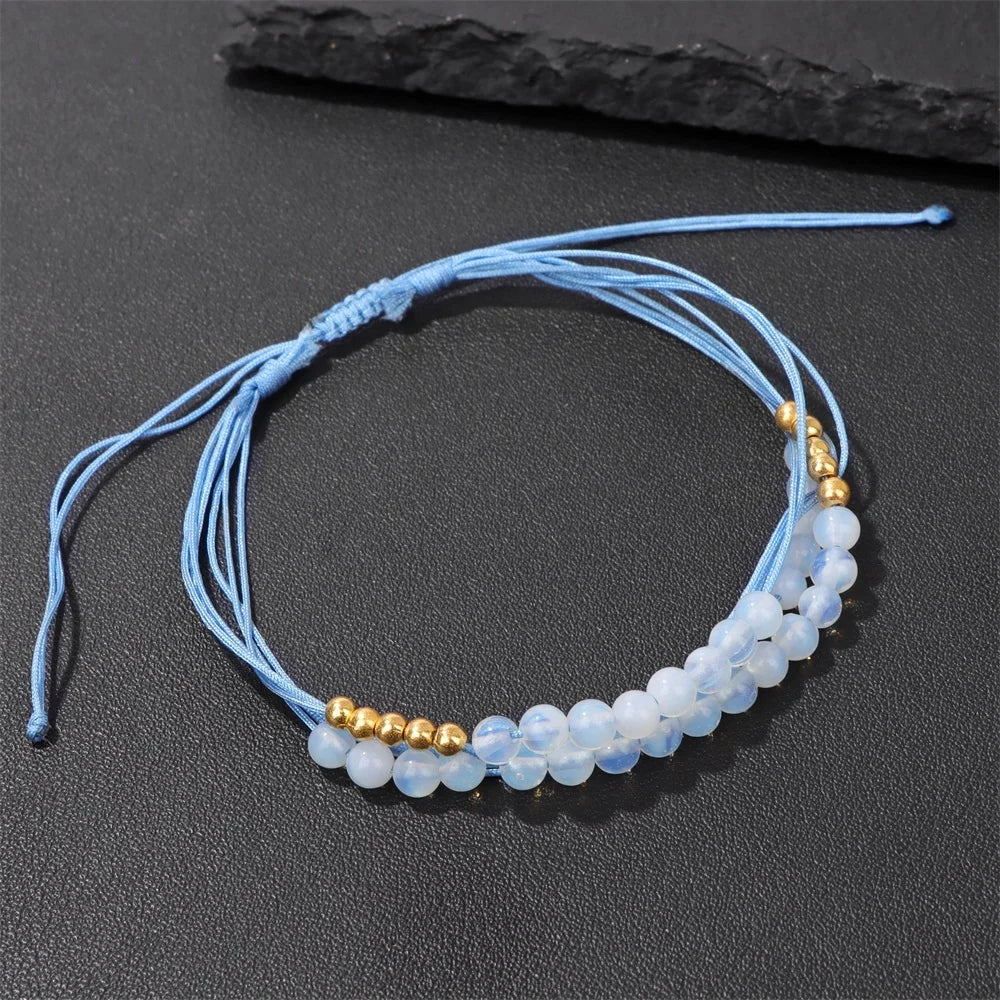 Femlion Chalcedony 4mm Beads Bracelet for Women - Natural Jades Stone, Adjustable Rope Braided Meditation Bangle