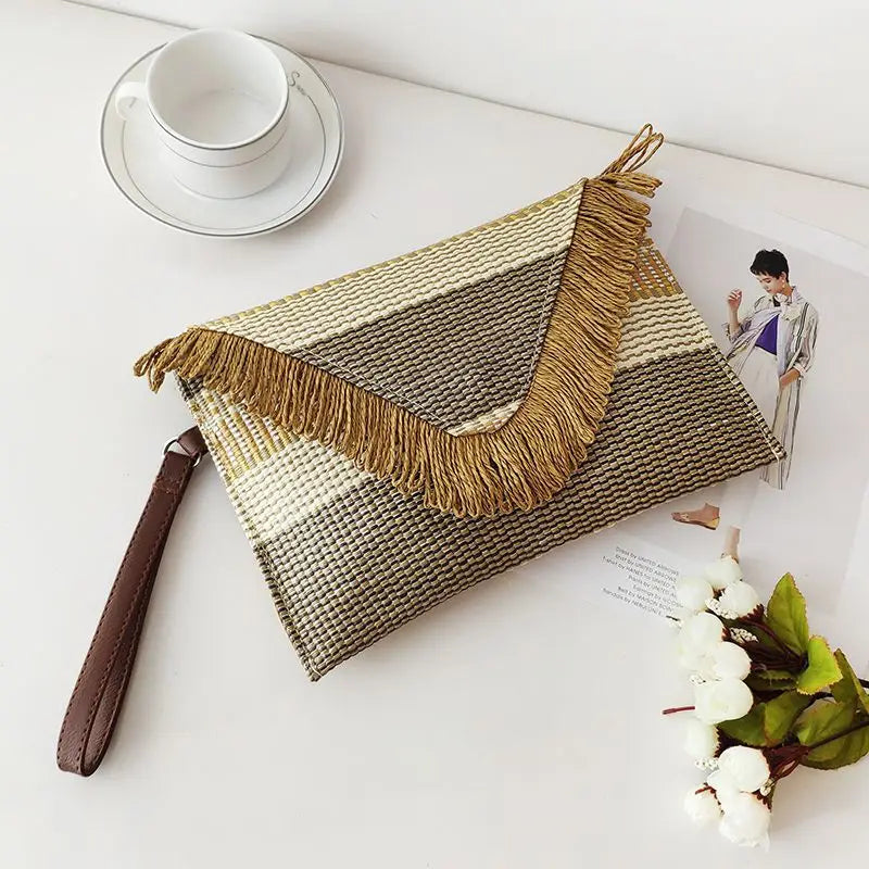 Femlion Wide Stripe Tassel Envelope Clutch - Stylish Handbag with Woven Design