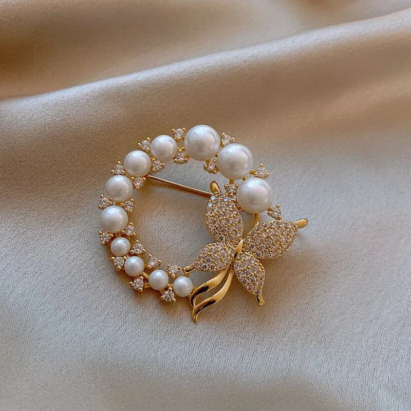 Femlion Elegant Pearl Leaves Wreath Brooch with Rhinestone Butterfly & Flower