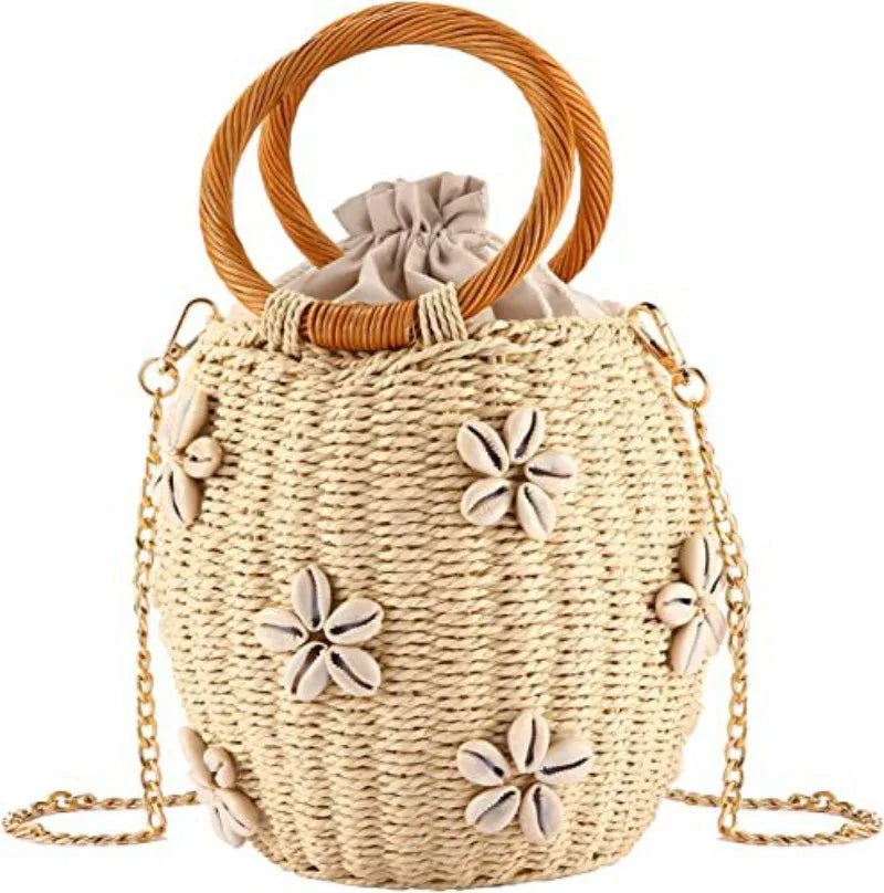 Femlion Shell Flower Vine Handle Woven Bag - Artistic Style Handheld Grass Woven Purse