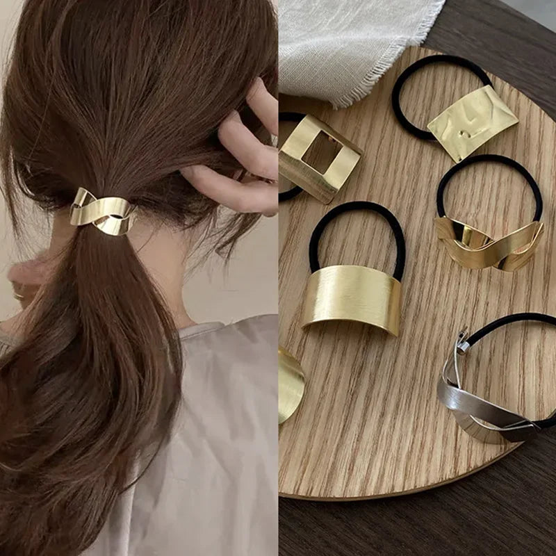 Femlion Gold Geometric Hair Bands for Women, Stylish Metal Hair Rope Ties