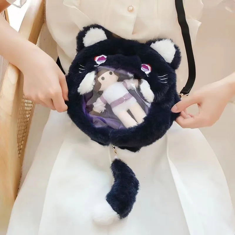 Femlion Wanders Cat Plush Crossbody Messenger Bag with Ears