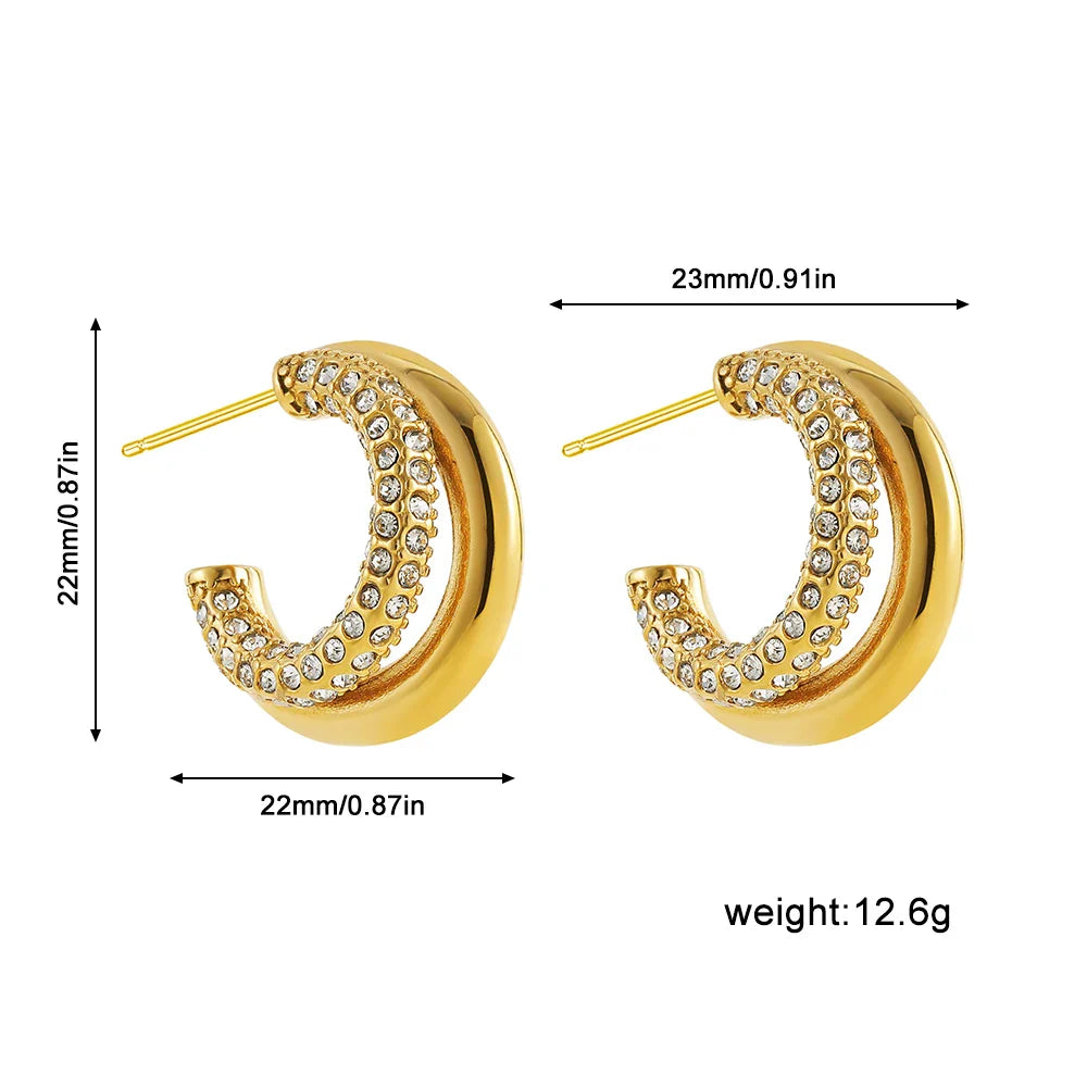 Femlion CZ Zircon Chunky Hoop Earrings Stainless Steel Double Layer Circle Earrings