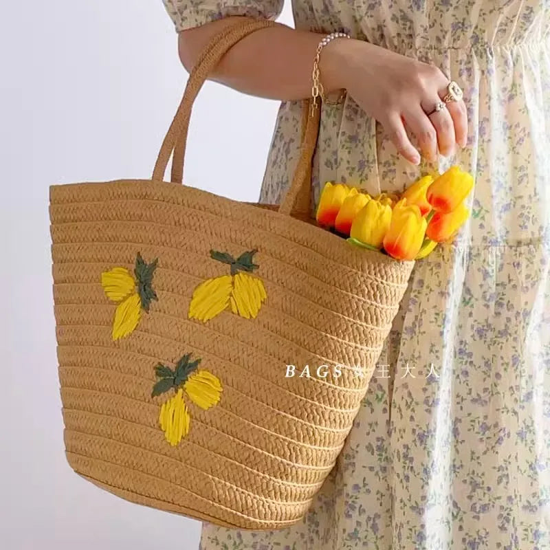 Femlion Lemon Straw Woven Shoulder Bag Handmade Embroidery Vintage Summer Large Capacity