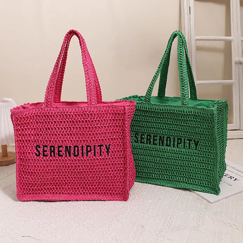 Femlion Square Straw Woven Embroidered Letters Beach Bag