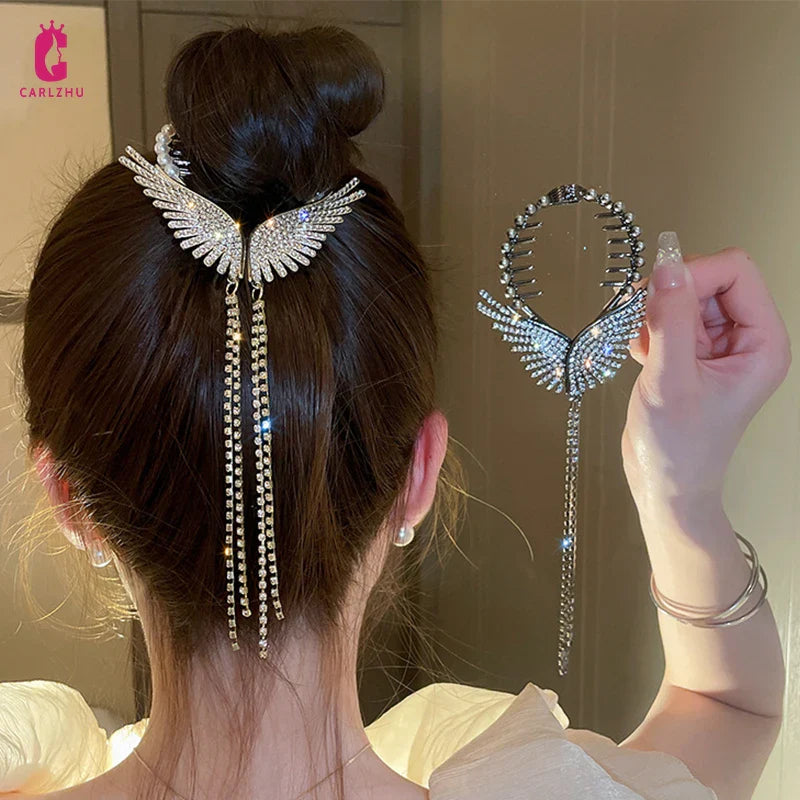 Femlion Rhinestone Pearl Tassel Hair Claw: Light Luxury Fashion Jewelry for Women