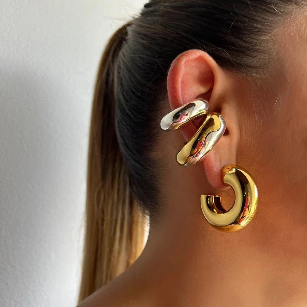 Femlion Gold Plated Chunky Hoop Earrings - Glossy Stainless Steel Jewelry