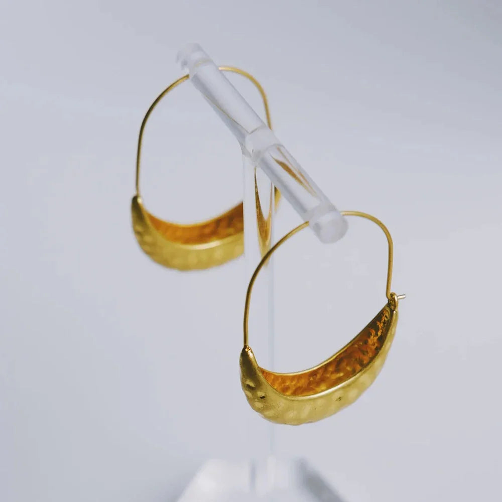 Femlion Glam Crescent Hoop Earrings: Golden Plated Stainless Steel Textured Thick Hoops