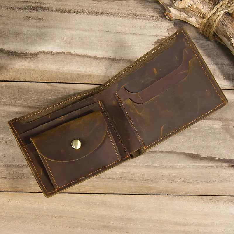 Femlion Vintage Crazy Horse Leather Short Men's Wallet - Retro Fashion Card Holder & Coin Purse