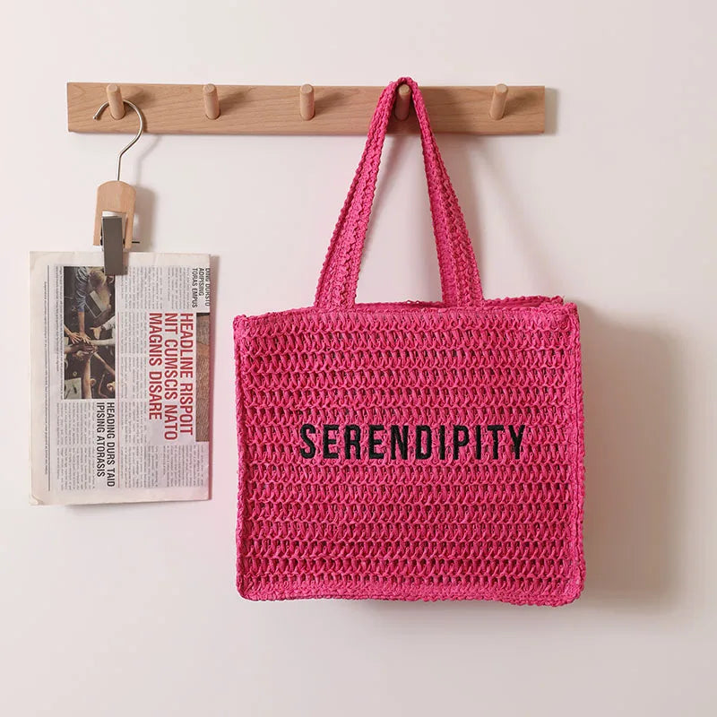 Femlion Square Straw Woven Embroidered Letters Beach Bag