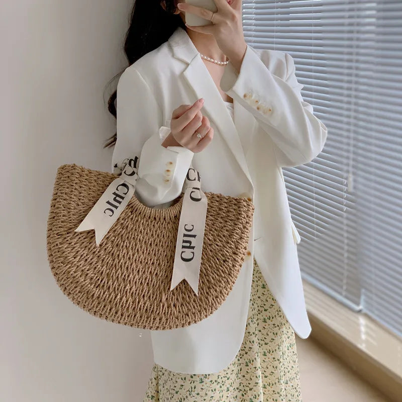 Femlion Straw Bag: Woven Silk Scarf Beach Vacation Rattan Bag