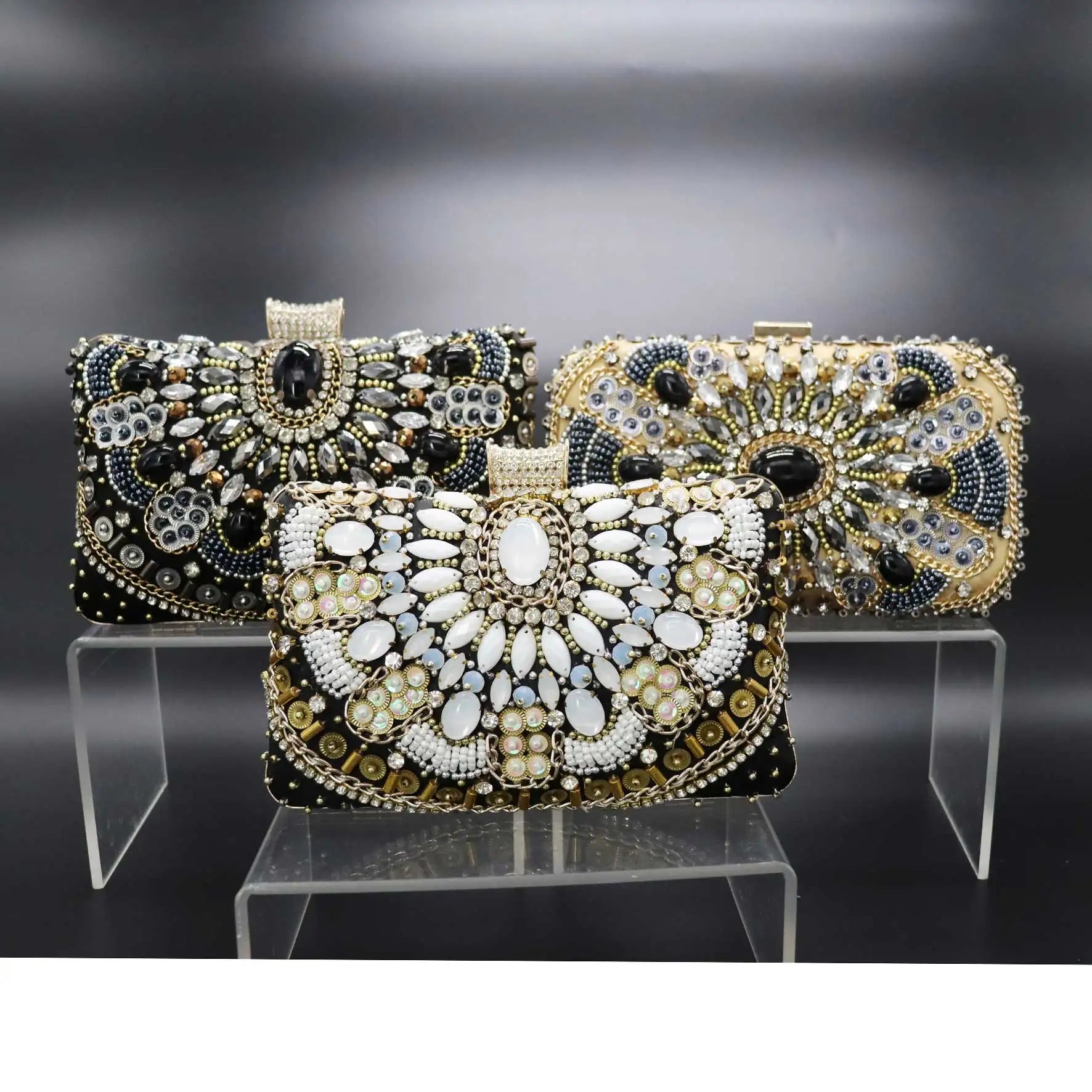 Femlion Elegant Beaded Clutch: Luxury Black Ivory Party Purse for Women, Wedding Bag