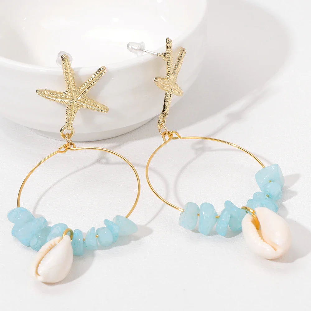 Femlion Bohemia Sea Shell & Aquamarine Stone Earrings: Trendy Dangle Jewelry for Women