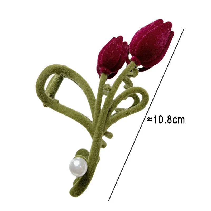 Femlion Velvet Tulip Hair Claw with Pearl Accent Hair Clip for Women