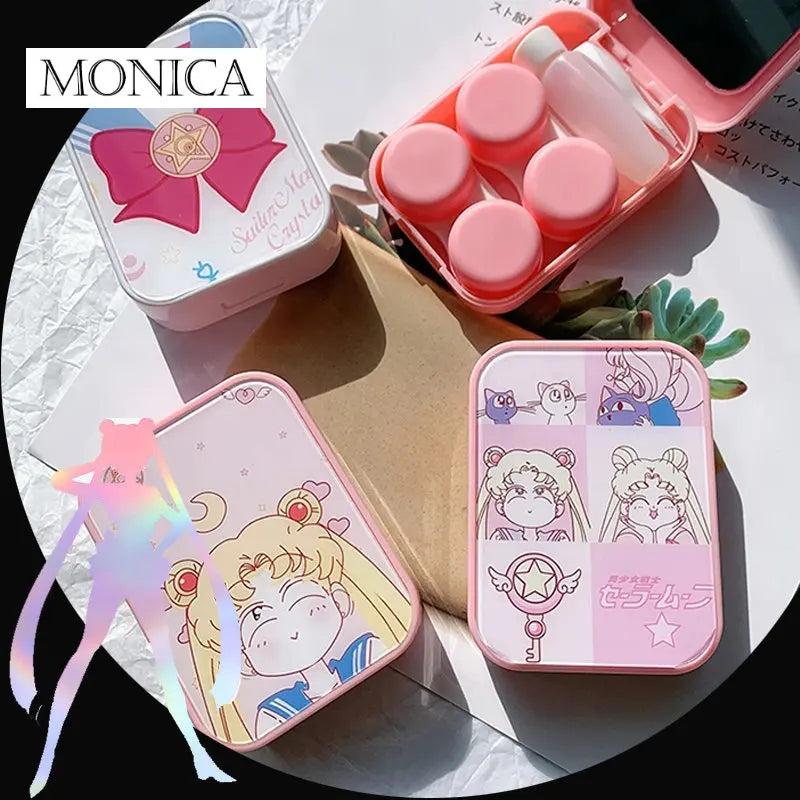 Femlion Pink Series Contact Lens Case Box Mirror Cartoon Container Travel Set