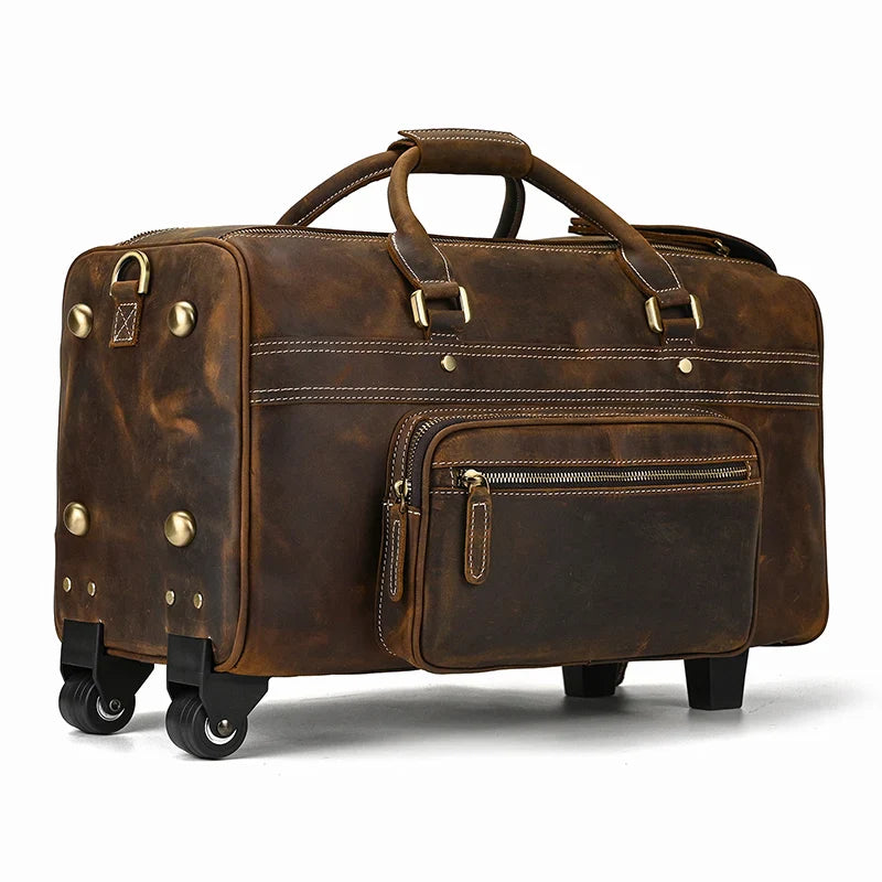 Femlion Genuine Leather Luggage Duffle Bag with Wheels for Men and Women