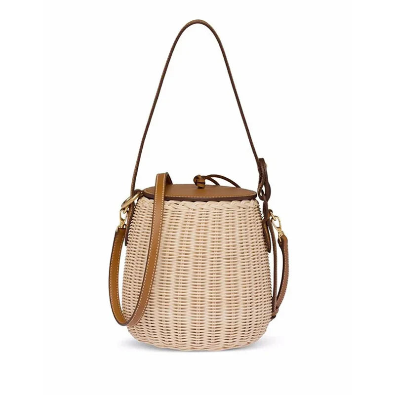 Femlion Rattan Bucket Bag: Hand-Woven Shoulder & Handheld Purse